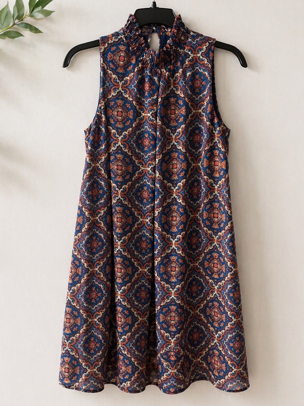 Speechless Sleeveless Dress In NAVY BLUE & ORANGE DESIGN